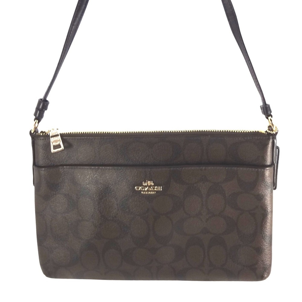 Coach North South Pop Up Messenger Bag Signature Canvas Dark Brown Crossbody
